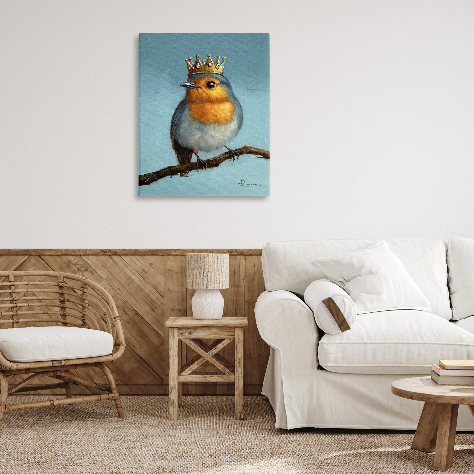 Royal Robin Perched Canvas Wall Art, design by Lucia Heffernan