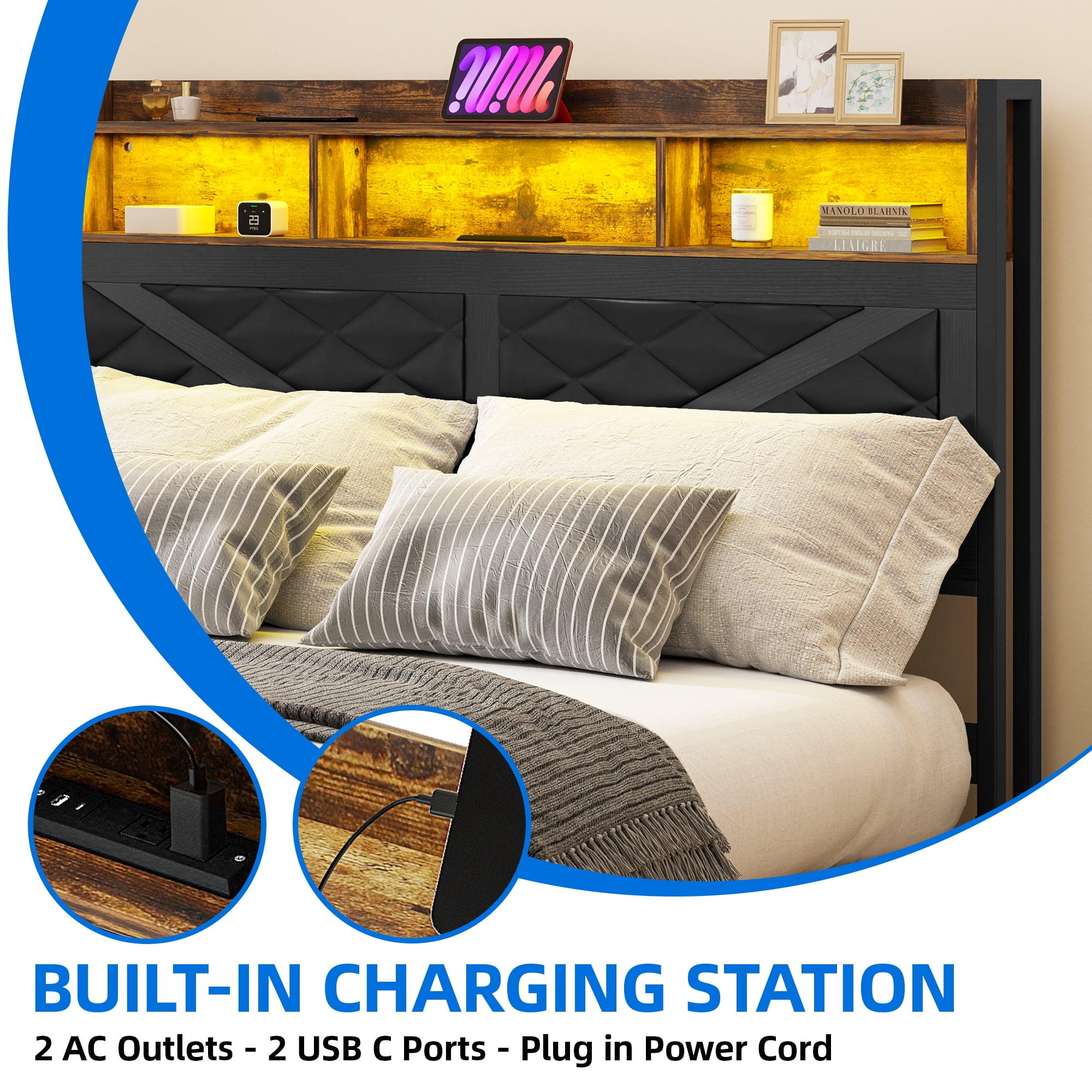 Dextrus Queen Size Distressed Wood Bed Frame with LED Headboard, USB Ports & Dual Storage, Black