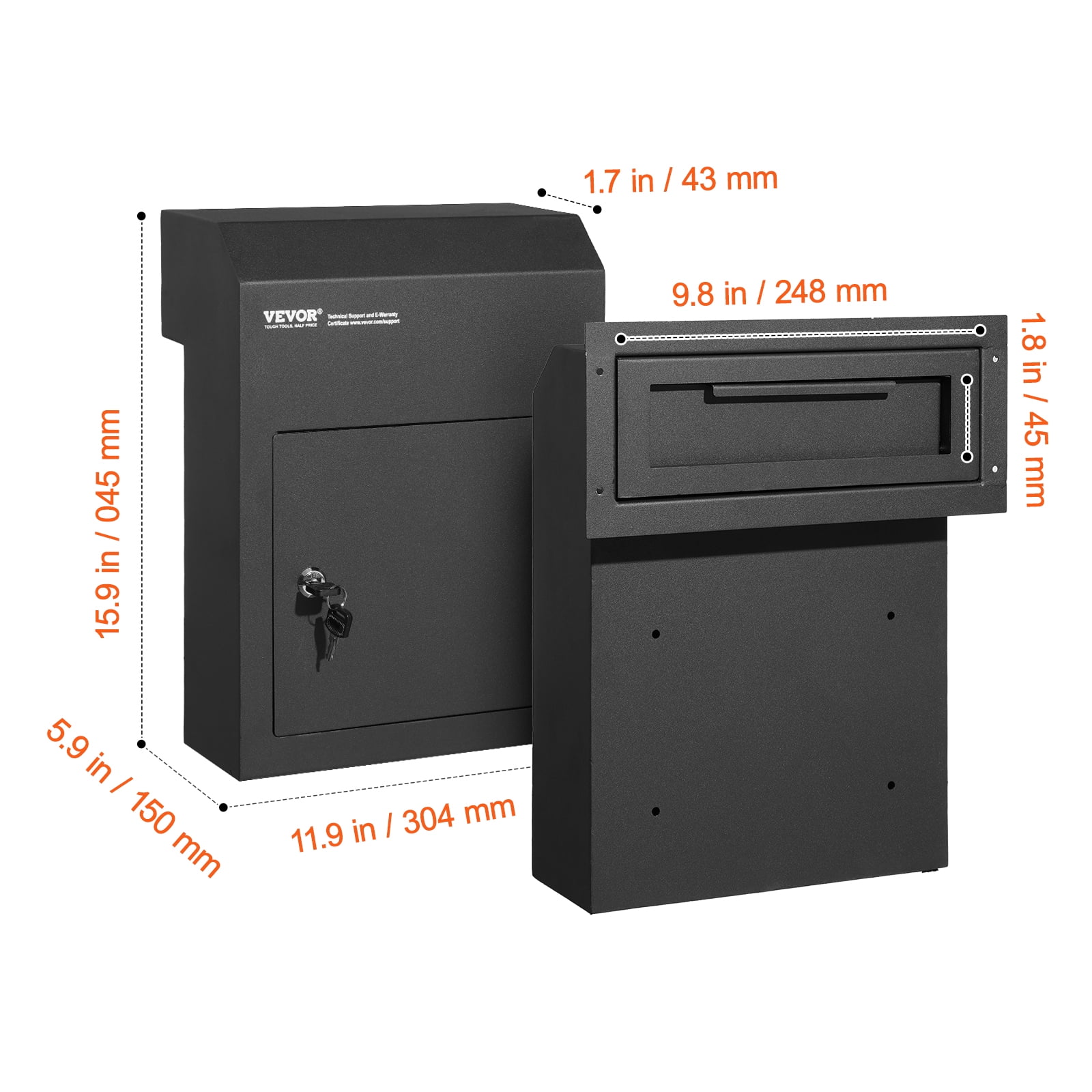 VEVOR Through The Door Key Drop Box, Heavy Duty Steel Through the Door Mailbox with 1.8" 12" Key Lock, 12x6x16" Mail Drop Box, Black