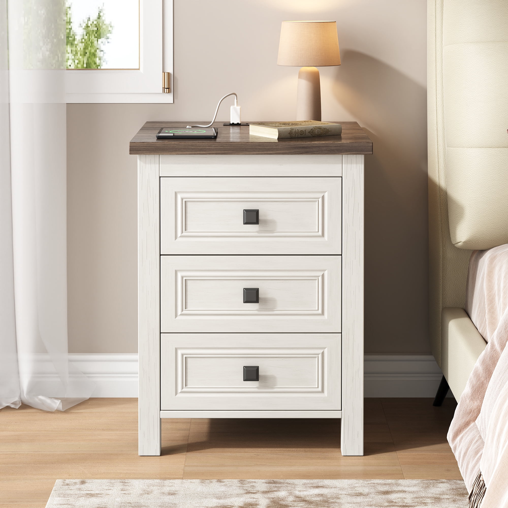 IDEALSOUL Nightstand, Bedside Table with Charging Station, White Farmhouse 3 Drawer Nightstand Rustic Night Stand End Tables for Bedroom Living Room