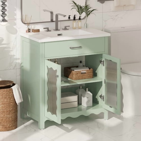 31 Inches Bathroom Vanity with Sink and Tempered Glass, Bathroom Cabinet with Rubber Wood legs and Soft-close Doors, Green