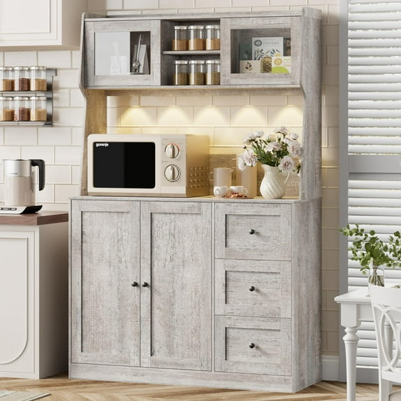 66.9" Tall Kitchen Hutch Storage Cabinet, Coffee Bar Cabinet with 3 Drawers & Lights, Freestanding Food Pantry Cabinet, Grey