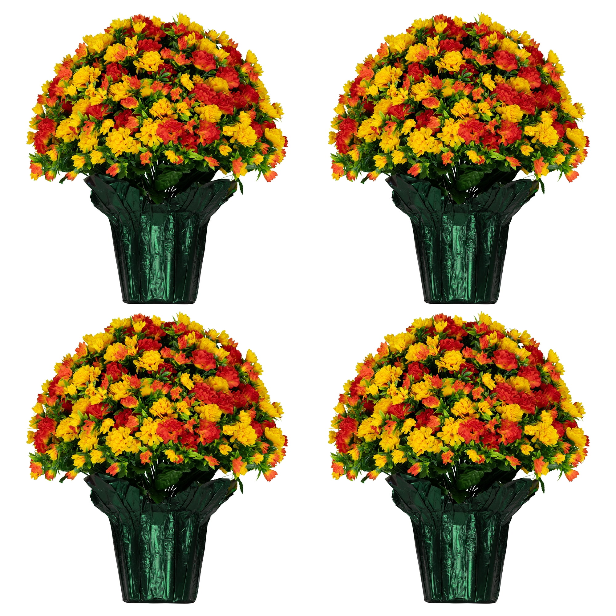 Sympathy Silks Artificial Flowers Weighted Pot Bouquet Decoration - 4 Pack of Sunset Orange Mum Pots