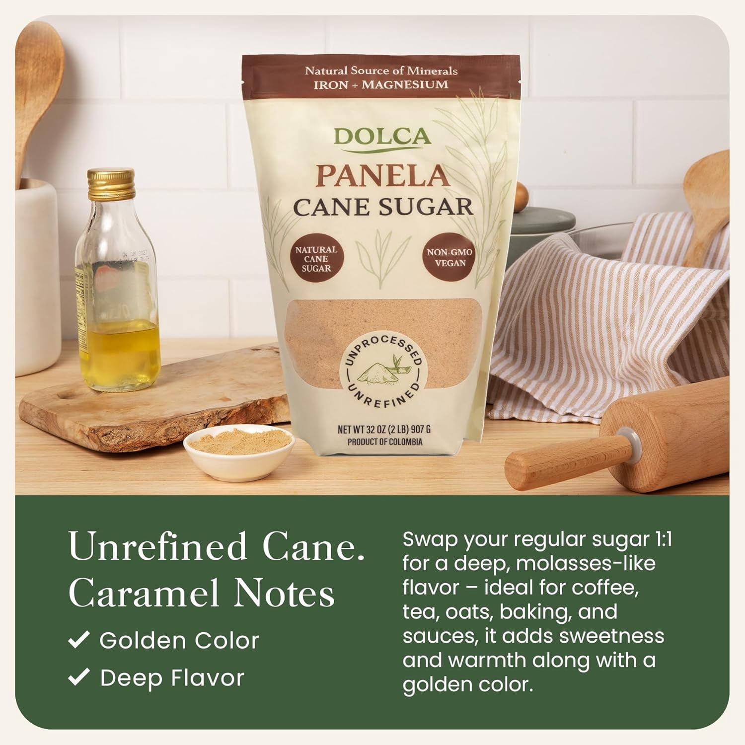 Dolca Panela Sugar – Natural Unrefined Evaporated Cane Juice – Granulated Cane Sugar - Rich Caramel Flavor – Brown Sugar 1:1 Alternative for Coffee, Tea & Baking