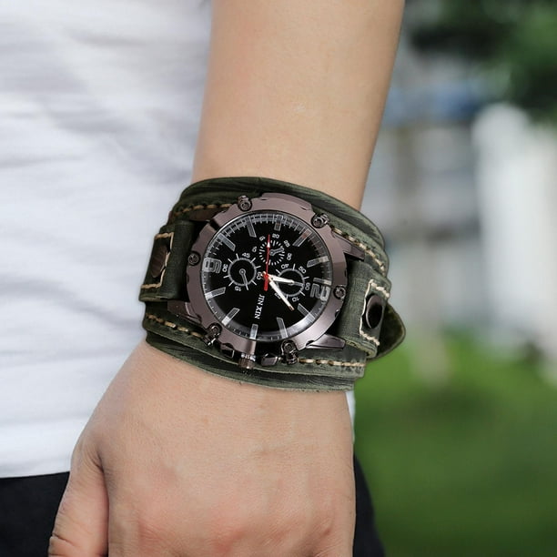 Reloj de pulsera Hugo retro vintage punk de cuero ancho Verde
