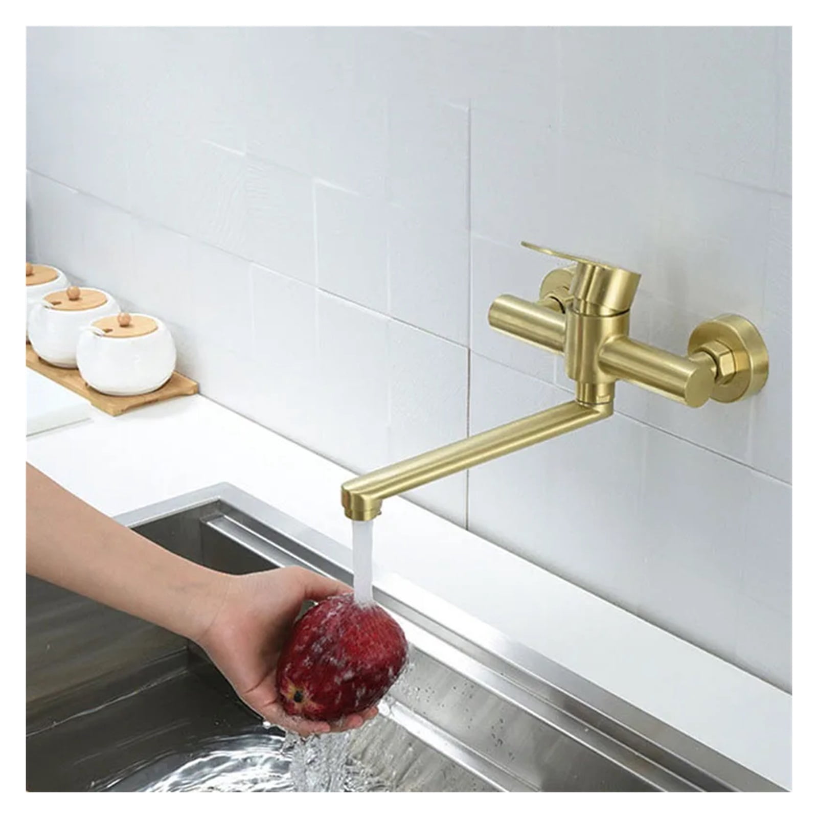 Brushed Gold Wall Mounted Kitchen Faucet, Bathtub Bathroom Basin Faucet, 180° Rotation Hot Cold Water Mixer Mop Pool Tap Dual Hole