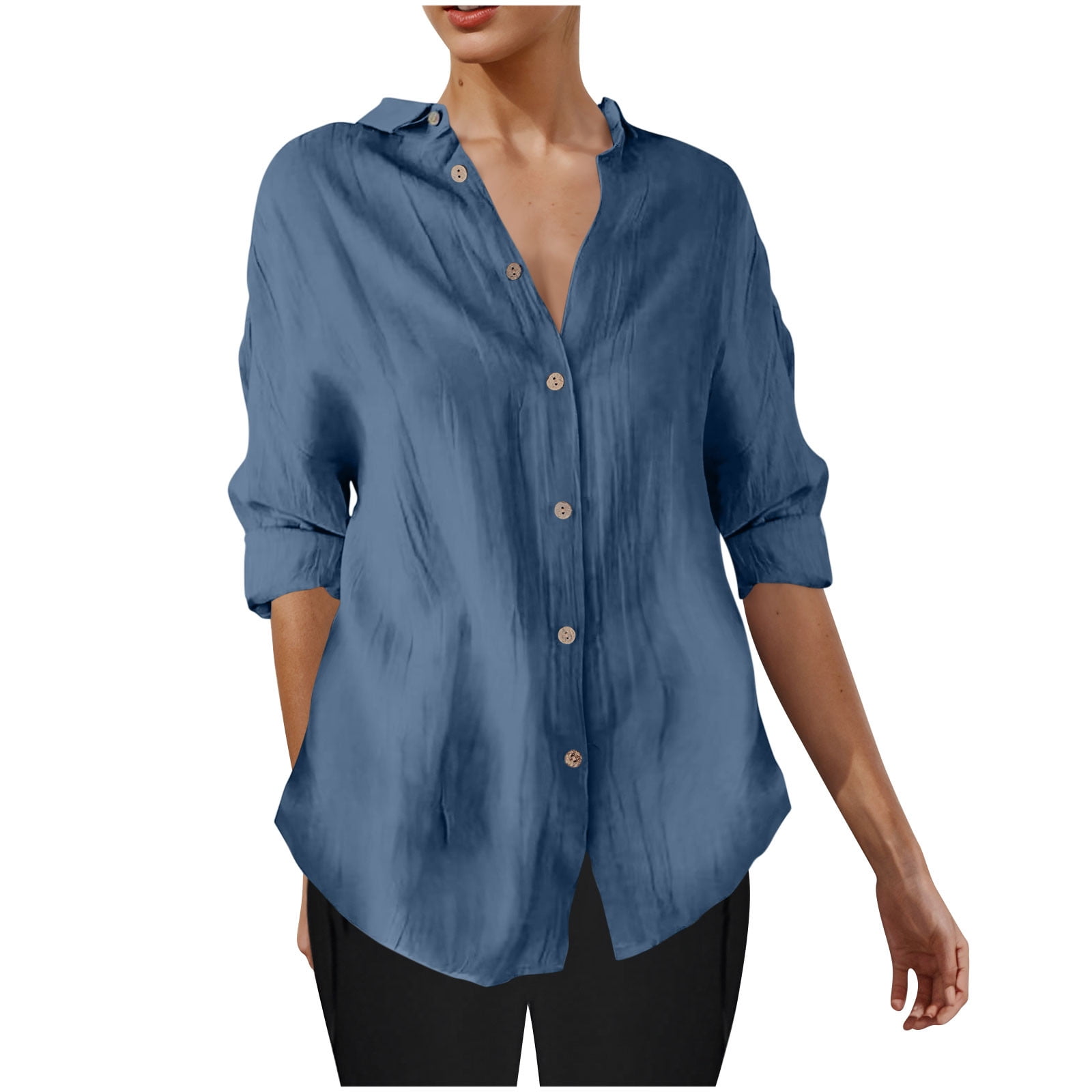 ylioge S-4X Plus Size Shirts for Women 3/4 Sleeve Button-Down Blouses Tops Womens Casual Lightweight Solid Color Collared Work Tshirts Top