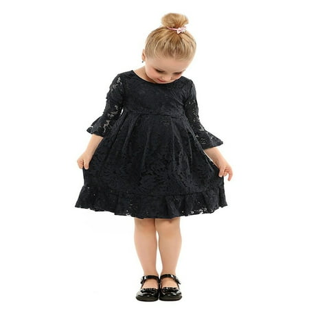 stylesilove Kids Girl Long Sleeve Cuffs Princess Lace Dress (150/8-9 Years, Black)