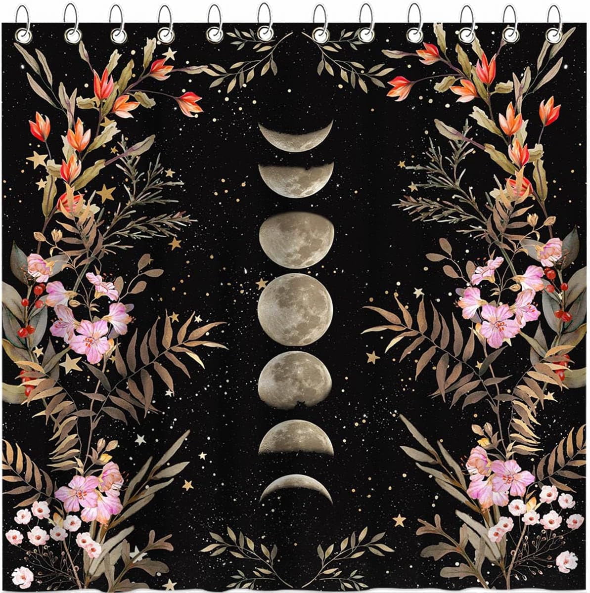 Moon Shower Curtain Floral Shower Curtain with 12 Hooks Black Witchy Gothic Aesthetic Bathroom Decor Waterproof Fabric Shower Curtain, 72''''X72''''