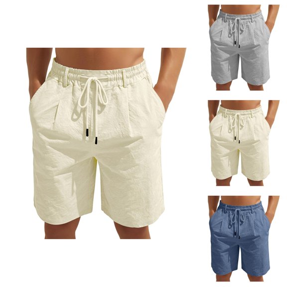 Linen Shorts for Men Summer Casual Elastic Waist Wide Straight Leg Loose Fit Lightweight Beach Shorts with Pockets