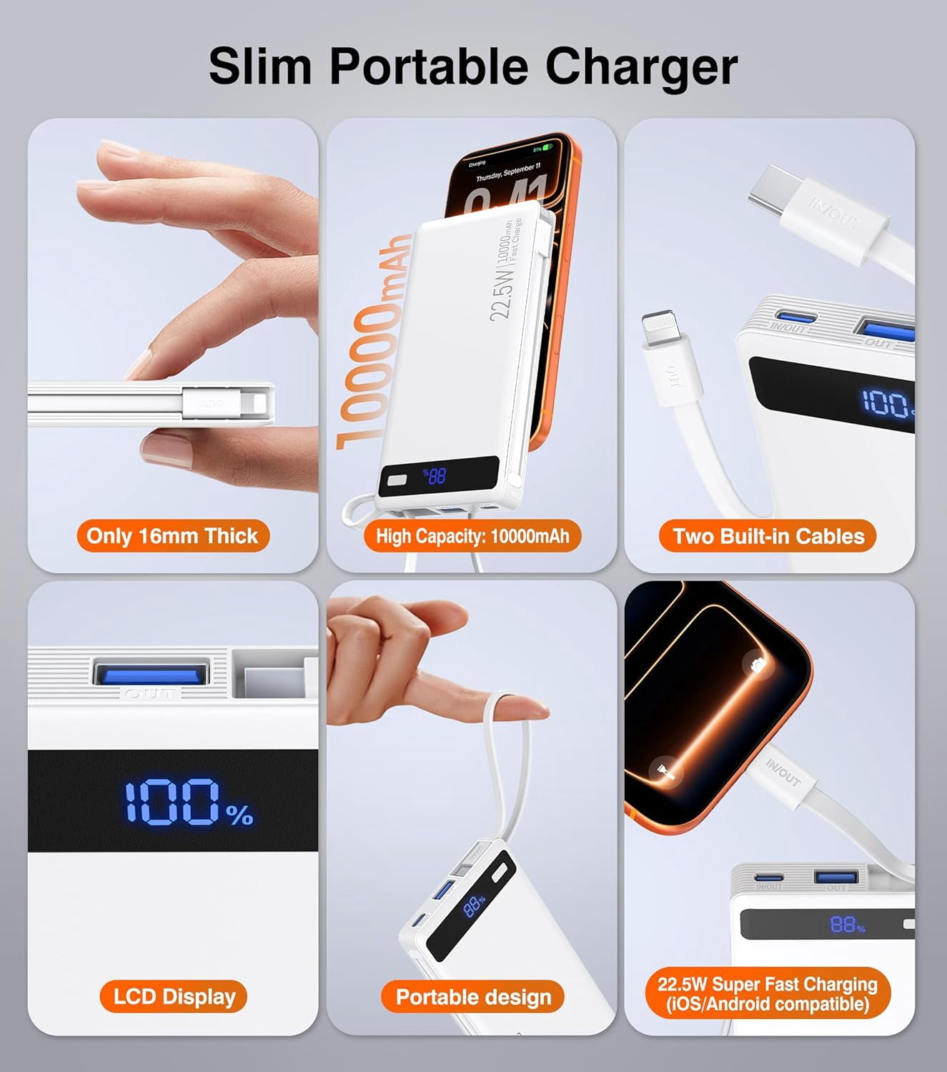10000mAh Power Bank with 2 Built-in Cables, 22.5W PD Fast Charging Slim Portable Charger for iPhone Samsung iPad White