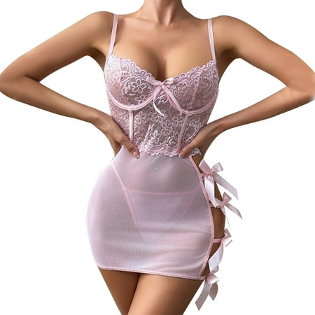 Oplxuo Women s Sheer Lace Nightgown Sexy Bow Cutout Side Exotic Babydoll Lingerie Chemise with Panty Boudoir Nighty Sleepwear