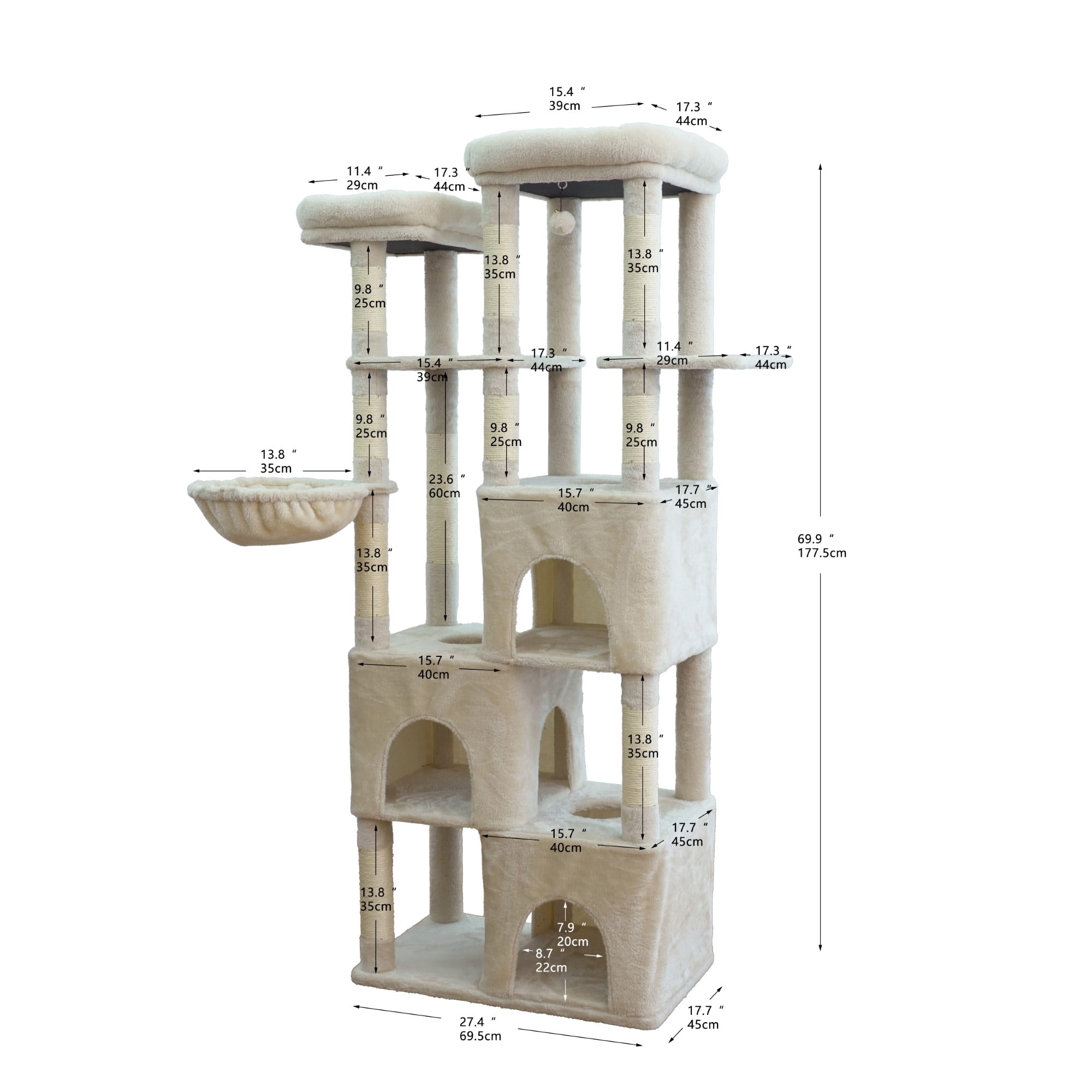 Vibrant Life Heavy Duty 7-Level 70" Cat Tree with Three Condos and Hammock, Beige