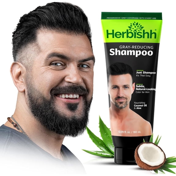 Herbishh Gray Reducing Shampoo for Men, Hair Darkening & Volume Boost with Every Wash, Cleanses & Revitalizes, Easy At-Home Use, Safe for Light Brown to Black Shades, All Hair Types 6.09 fl.oz