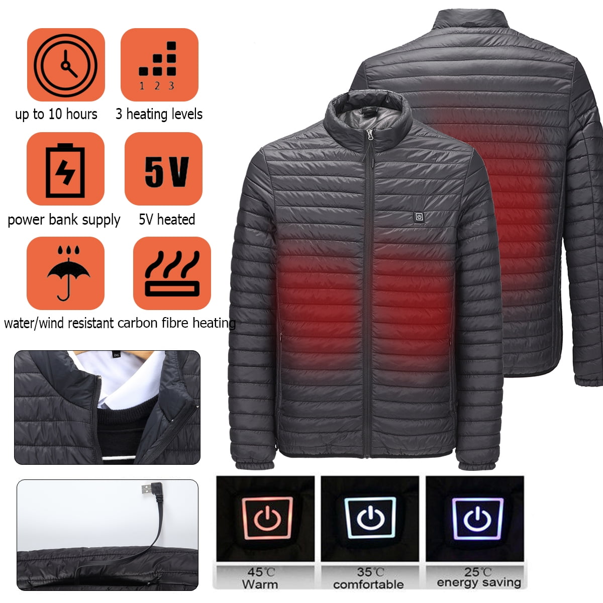 Male Electric USB Heated Jacket Winter Warm Fast Heat Washable Heating Coat Walmart