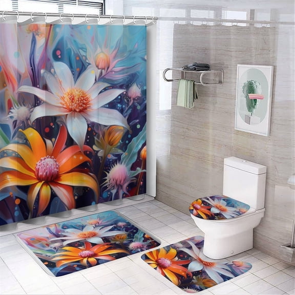 4 Piece Bathroom Rug Set with Shower Curtain Colorful Abstract Wild Flower with Rugs Toilet Lid Cover And Bath Mat Floral Watercolor Style Wildflowers Bathroom Decor Set with Accessories