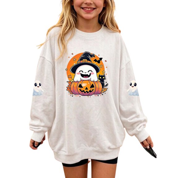 Enjoytime Halloween Crewneck Sweatshirt Ghost Pumpkin Graphic Long Sleeve Pullover Top Cute Fall Fashion Kids Clothes Girls