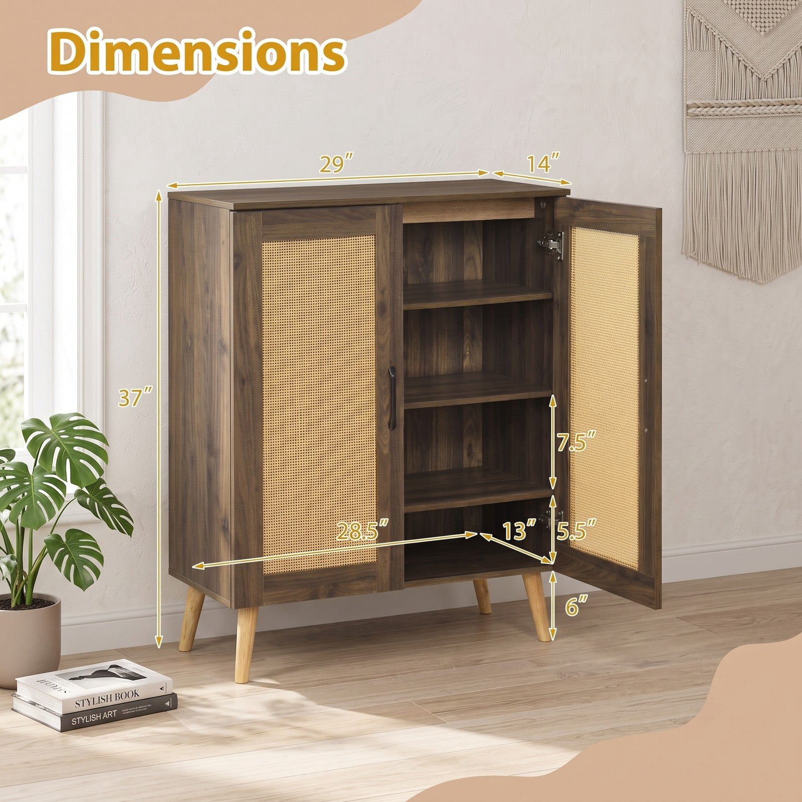 Furnibear 5-Tier Rattan Shoe Cabinet with 3 Removable Shelves and Woven Doors for Entryway and Hallway Shoe Storage, Walnut