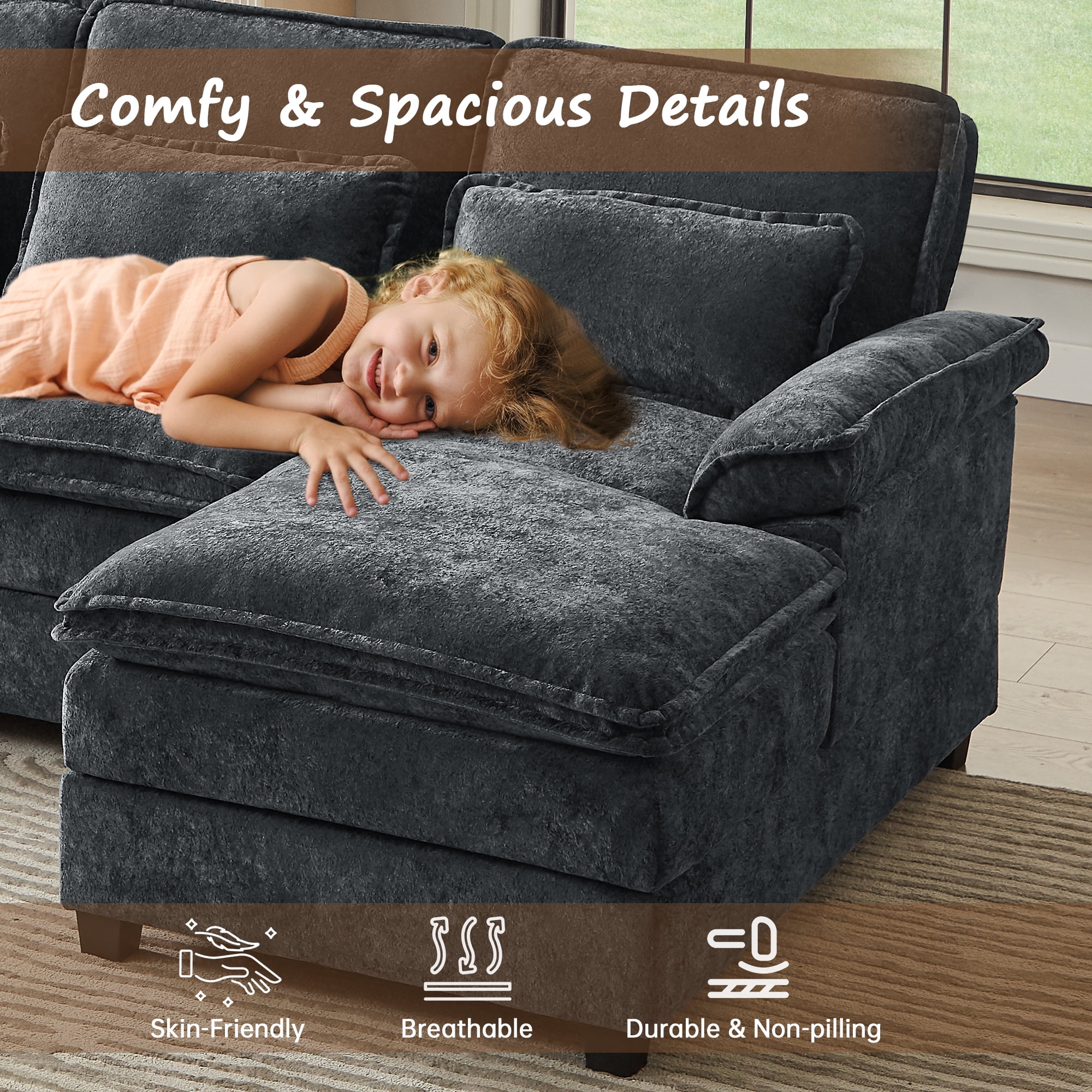 Pingliang Home Oversized Sectional Sofa U Shaped Couch 4 Seat with 4 Waist Pillows,Chenille Upholstery Symmetrical Sleeper Sofa Cloud Couch with Double Chaise Lounge for Living Room Apartment Office