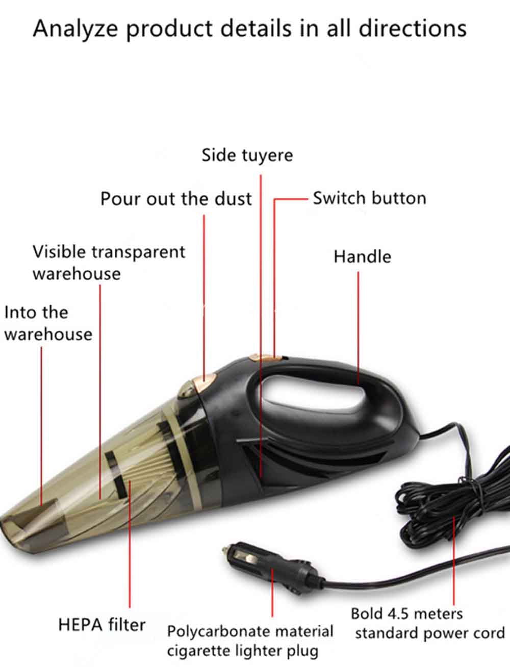 AHOME Car Vacuum Cleaner Car Accessories Small 12V High Power Handheld Portable Car Vacuum Cord Kit Essentials for Travel