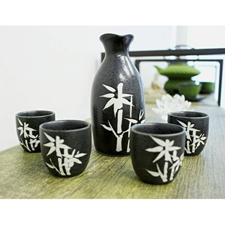 Gift Glass - Traditional Porcelain Black Bambo Sake Set 4 Cups 1 Decanter / Carafe / Sake Set / House warming / Gift / Birthday Gift / Japanese / Wine Glass / Kitchen / Asian-D