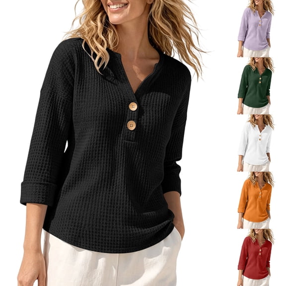 FchengtaiS Womens 3/4 Sleeve Waffle Knit Tops Button Down V Neck Shirts Spring Fall Casual Business Outfits