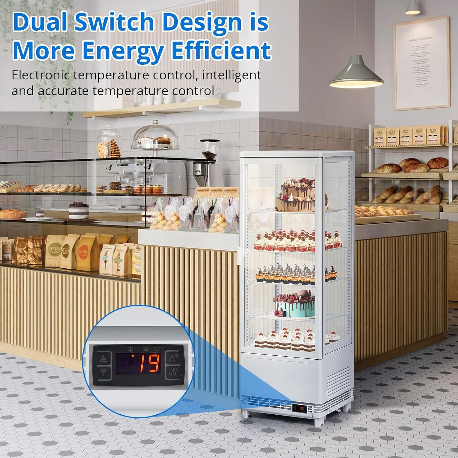 IdealHouse Commercial Display Refrigerator, 4.2 Cu.Ft Display Refrigerator Cooler with LED Lighting, Adjustable Shelves Glass Door Merchandiser Cooler, Automatic Defrost Freestanding Upright