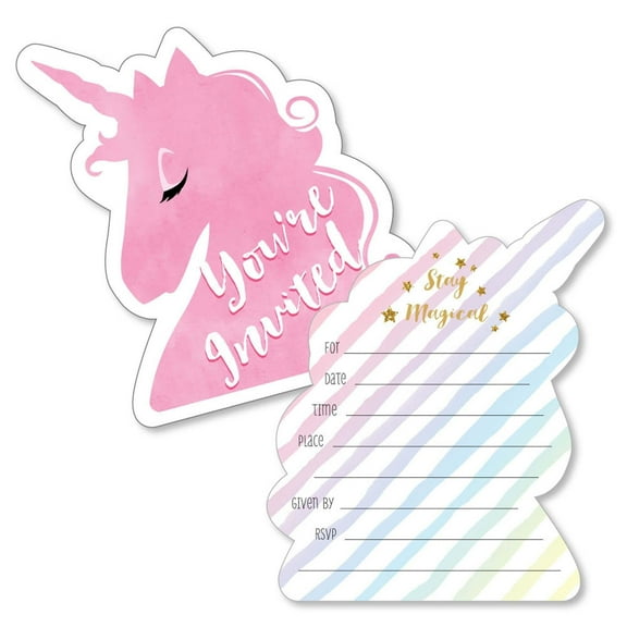 Big Dot of Happiness Rainbow Unicorn - Shaped Fill-in Invites - Magical Unicorn Baby Shower or Birthday Party Invite Cards with Envelopes - Set of 12