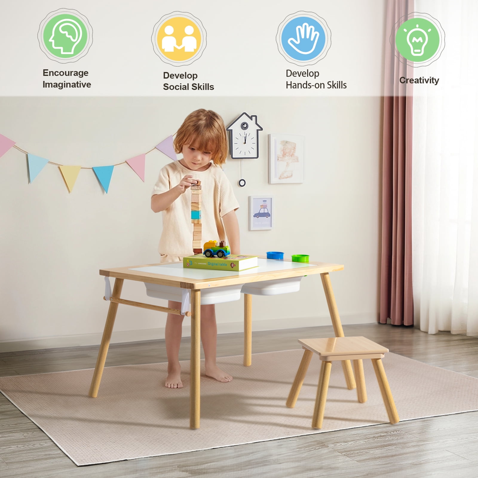 Zimtown Sensory Table with Chair, Kids Multi Activity Table Toddler Play Table Set for 3~8 Year-old Children