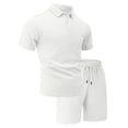 thumbnail image 3 of Havenx Two Piece Outfit for Men Short Sleeve Button Down Shirt and Shorts Set Lapel Collar Drawstring Textured Set Summer Vacation Comfortable Athletic Loose Wear,White L, 3 of 6