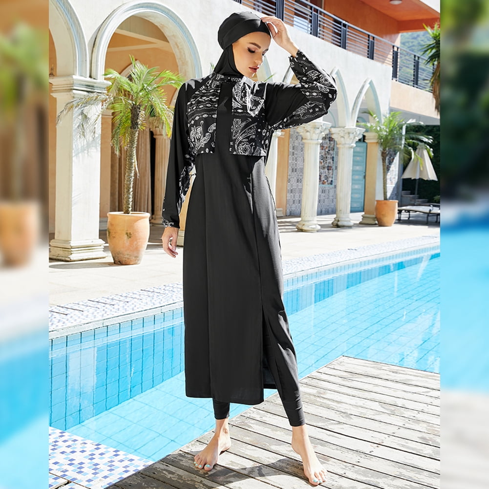IBTOM CASTLE Muslim Swimsuits for Women Modest Islamic Arabic Swimwear Burkini Full Cover Hijab Top Pants Swimming Cap Bathing Suits S Black - Split Hem