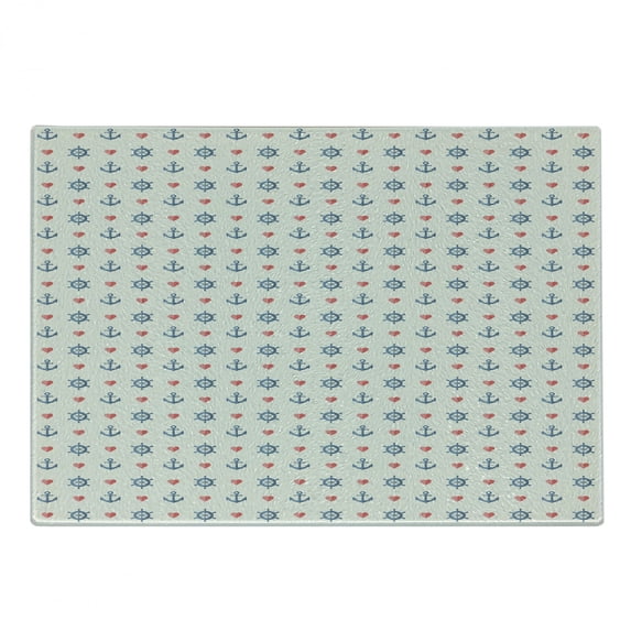 Anchor Cutting Board, Maritime Pattern with Sea and Little Red Hearts Romance Love Ocean, Decorative Tempered Glass Cutting and Serving Board, Small Size, Blue Red White, by Ambesonne