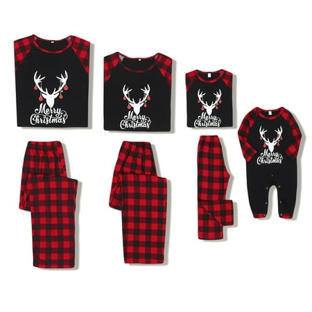 

Kucnuzki Fall-Winter Family Outfits Casual Family Pajamas Gift Long Sleeve Contrast Plaid Elk Prints Chritsmas Family Cozy Pajamas 3PCS Set Black