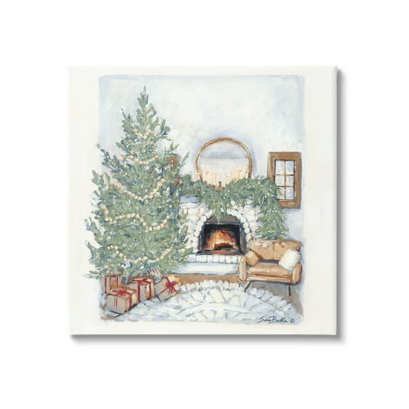 Cozy Christmas Night Gifts Decorated Fireplace Hearth Botanical & Floral Painting Gallery-Wrapped Canvas Print Wall Art