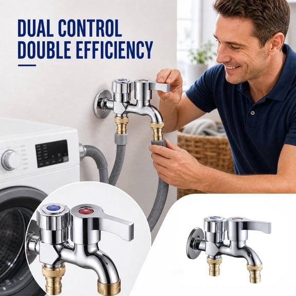 Two Outlet Washing Machine Faucet with Dual Controls and Electroplated Alloy Body for Laundry, Garden, and Utility Water Connections, 4.92 x 3.54 in
