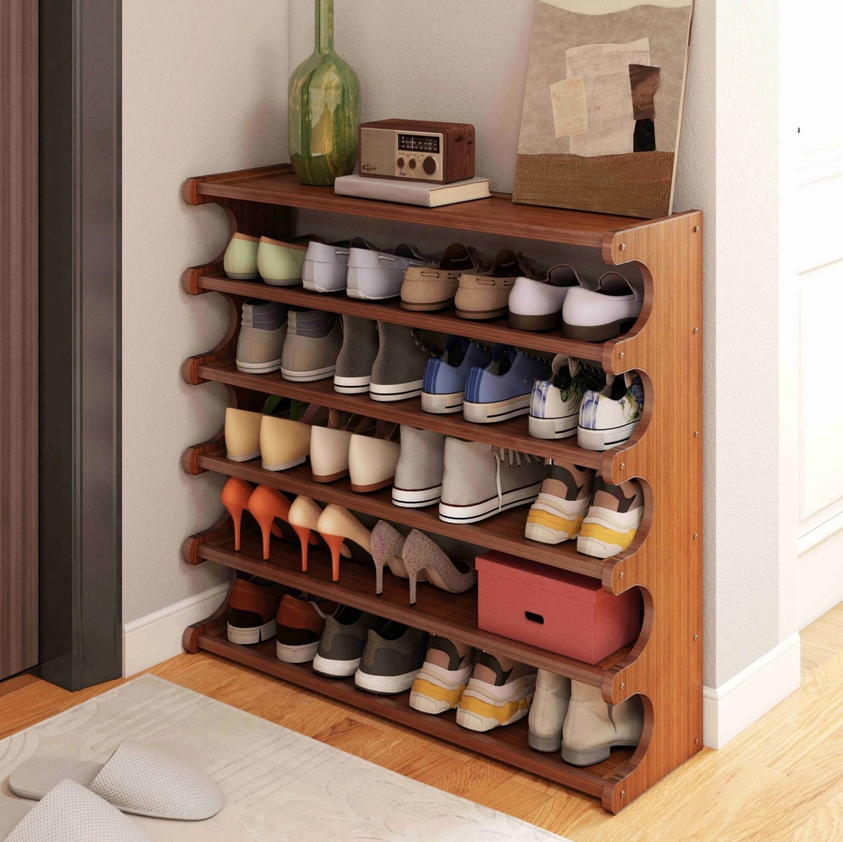 6 Tier Shoe Cabinet Organizer, Narrow Shoe Storage Cabinet with Doors for Entryway Hallway Closet, Brown