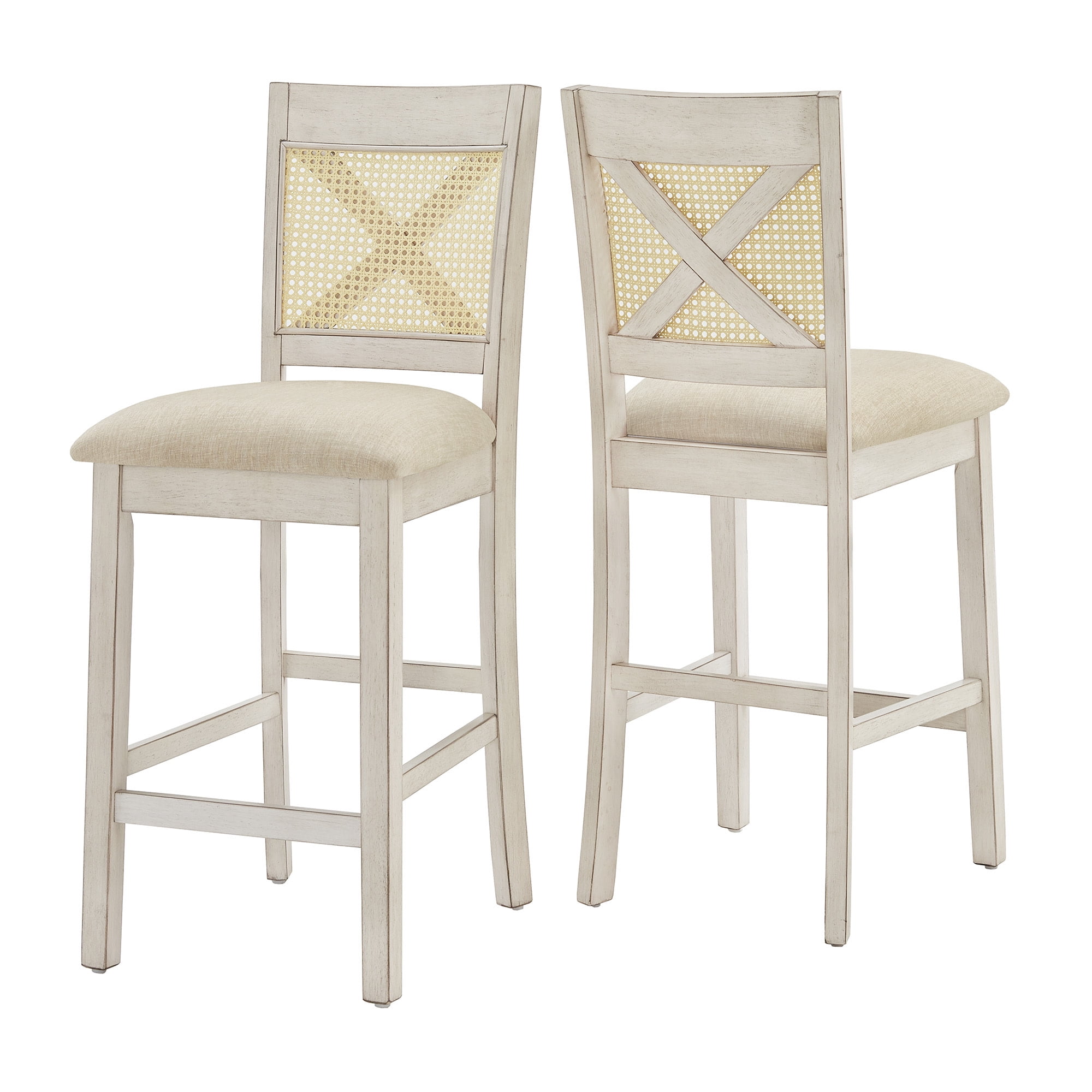 Weston Home Pulukan Cane Accent x-Back Counter Height Chair (Set of 2), Antique White Finish, Beige Linen