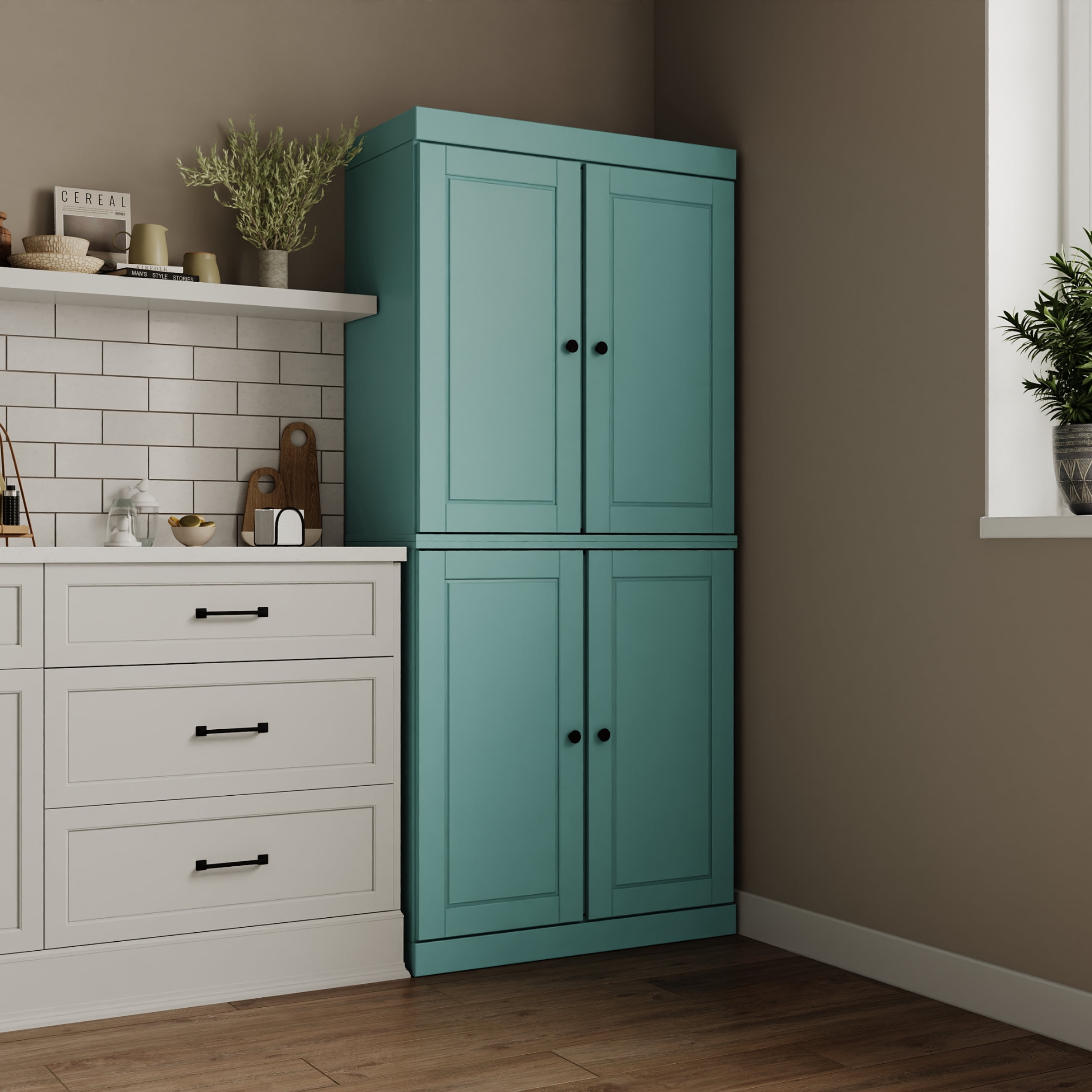 Palace Imports 100% Solid Wood Kitchen Pantry Storage Cabinet with Solid Doors and Adjustable Shelves, Aqua Blue