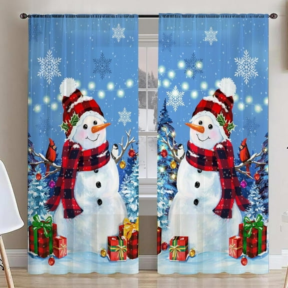 2Pcs Christmas Curtains for Living Room, Christmas Snowman Curtains for Kitchen, Window Drapes, Winter Curtain for Bedroom, Blue Xmas Snowman Decorations for Home Room Window