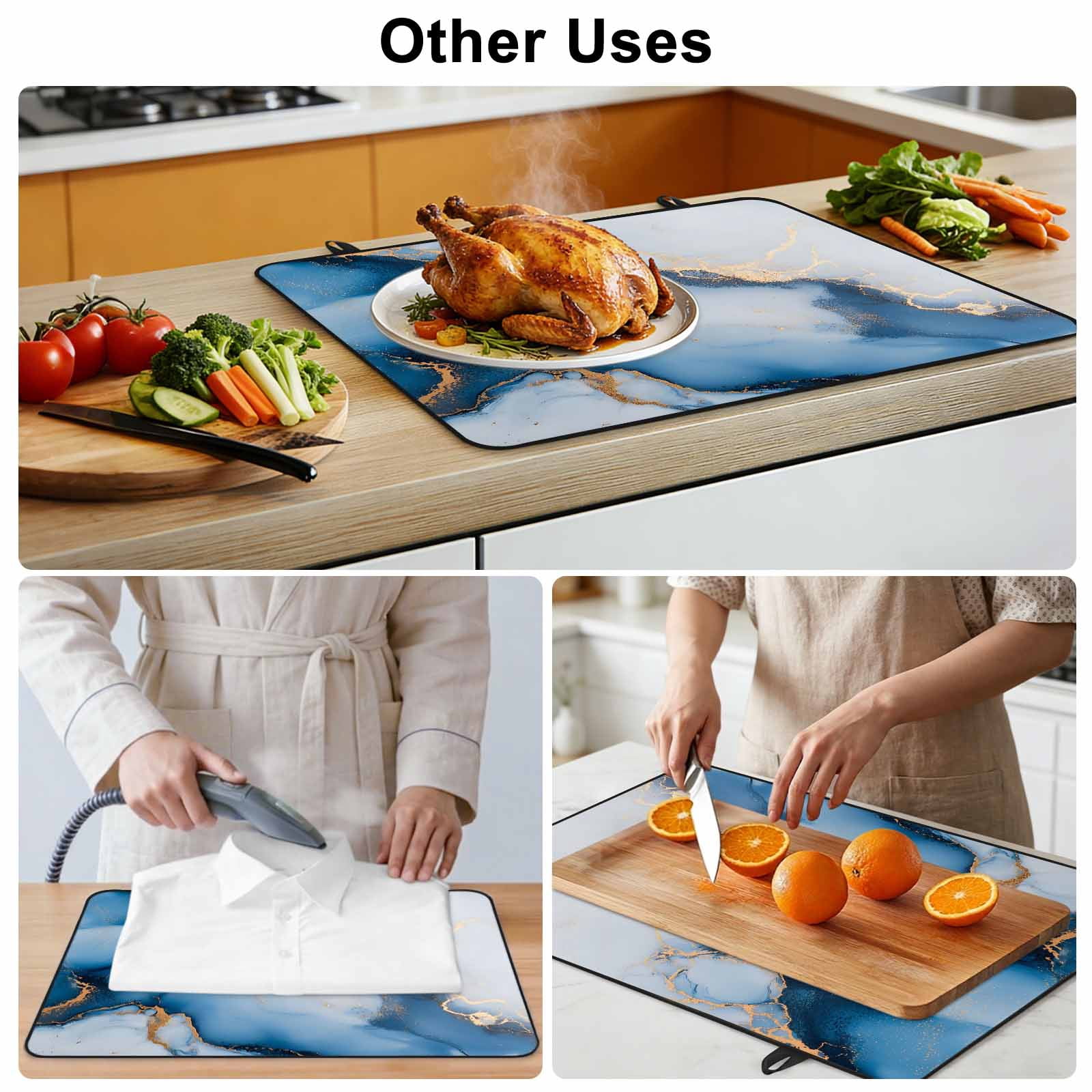 Blue Marble Stove Top Cover for Electric Stove, Heat-proof & Non Slip Glass Top Stove Cover Protector, Modern Gray Golden Abstract Gradient Art Kitchen Flat Cooktop Rubber Mat 24x21 Inches