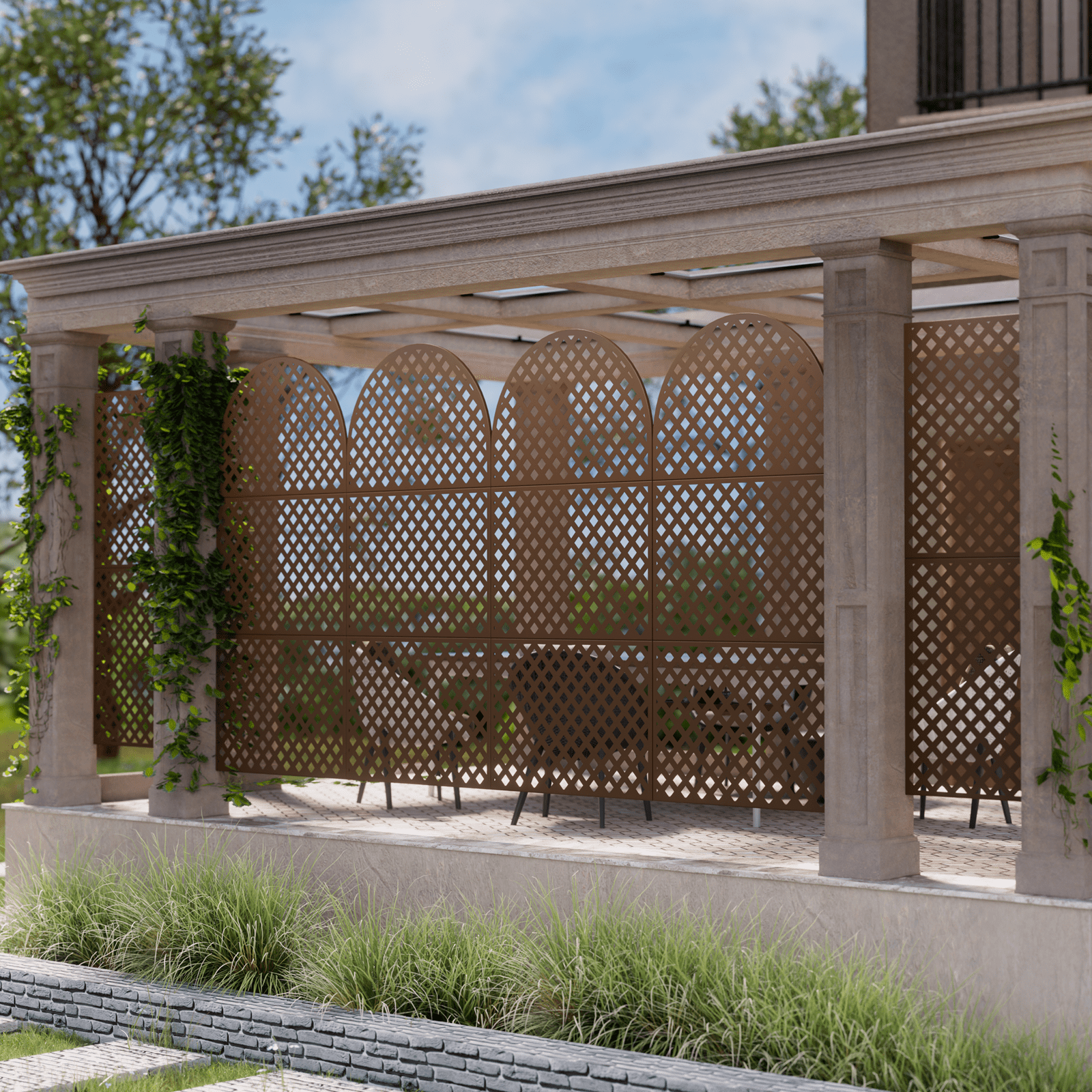 72"x35"x16" Outdoor Privacy Screen with Stand Metal Balcony Decorative Screen,Brown