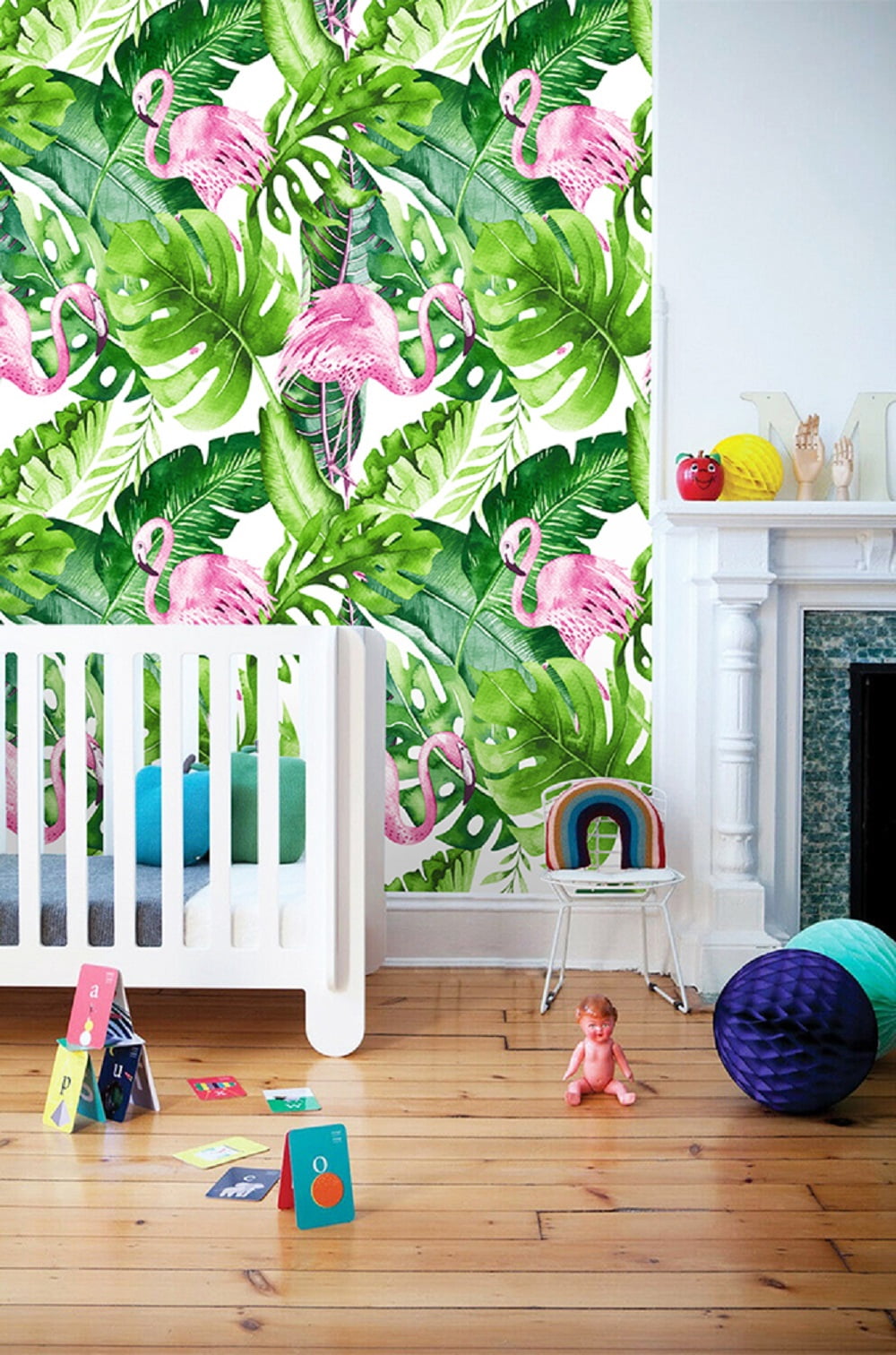 Watercolor Flamingo Tropical Peel and Stick Wallpaper Removable Green/Pink Vinyl Self Adhesive Shelf Liner 17.7in x 9.8ft