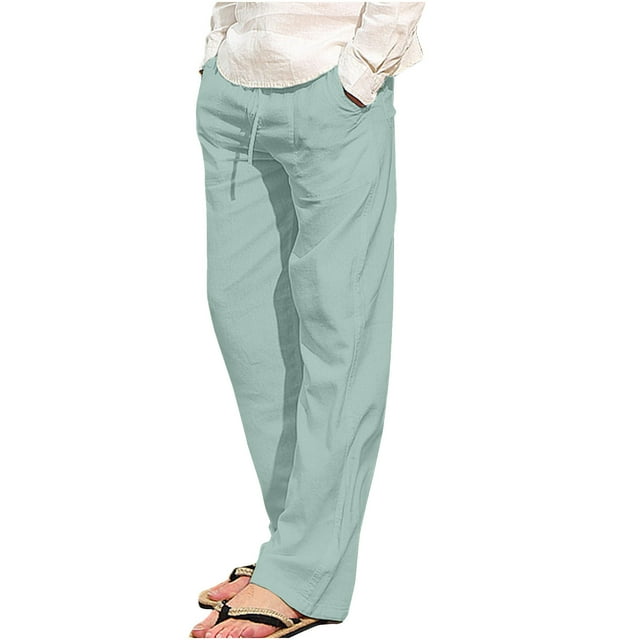 Lovzfmll Men's Linen Pants, Casual Loose Trousers with Drawstring Waist & Pockets, Straight-Leg Full Length Relaxed, Solid Color Fall Clothes