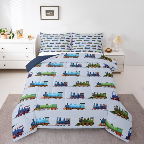 Manfei Kawaii Railway Train Bedding Comforter Set 2pcs for Boys Girls,Cartoon Car Twin Comforter Sets Microfiber,Transportation Theme Breathable Bedding Set,Microfiber Bedroom Decor,Reversible