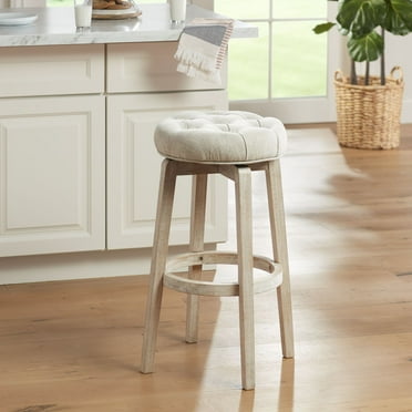 55 Downing Street Shelby White Wood Swivel Bar Stool 29" High Farmhouse Rustic Oatmeal Upholstered Cushion with Footrest for Kitchen Counter Height