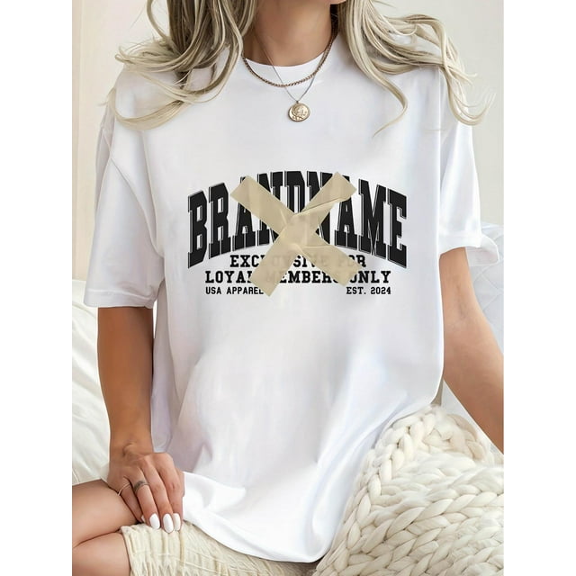 1pc Women'S Fashionable Casual Crew Neck T-Shirt with Geometric-Patterned Print, Polyester Knit Fabric, Medium Stretch, All-Season Comfort - Black & White