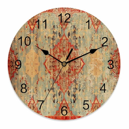 Silent Wall Clocks Battery Operated, Orange Blue Boho Floral Round Decorative Wall Clock for Living Room Bedroom Kitchen Bathroom Classroom Decor, 14 Inch Medieval Vintage Texture