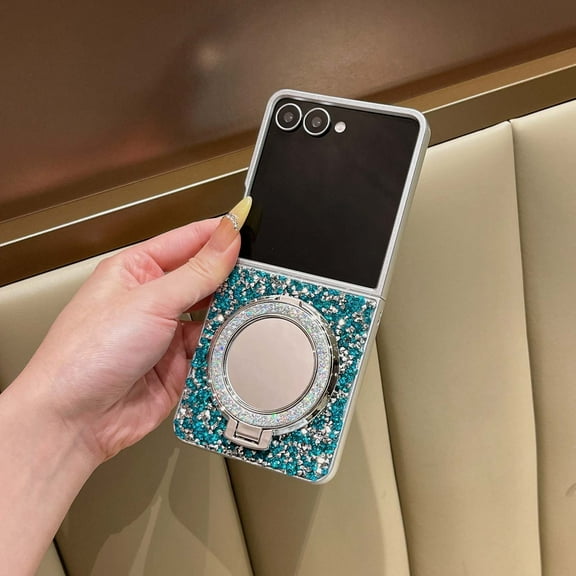 For Samsung Galaxy Z Flip 5 Case Ring Holder Kickstand Girls Women Luxury 3D Bling Shiny Rhinestone Diamond Crystal Pearl Handmade Protective Anti-Fall For Samsung Galaxy Z Flip 5,Green