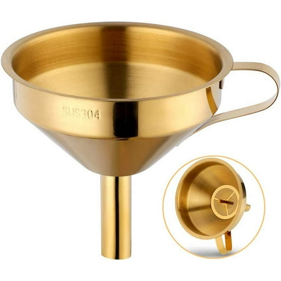 Stainless Steel Wide Mouth Funnels with Detachable Strainer, 5-inch Funnel for Filling Small Bottles and Jars, Cooking Oil and Transmission Liquid and Powder, Food Grade Metal Kitchen Funnels Gold