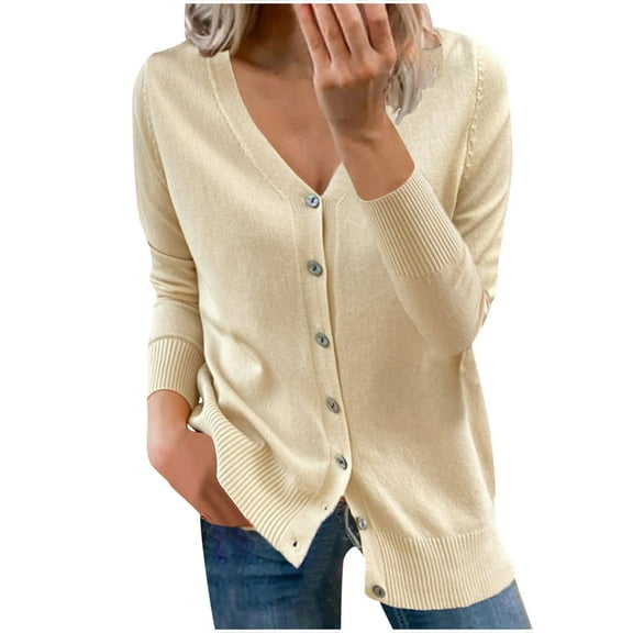 IROINNID Cardigan for Women Buttons Long Sleeve Solid Short Coat Cardigan Blouse,Beige